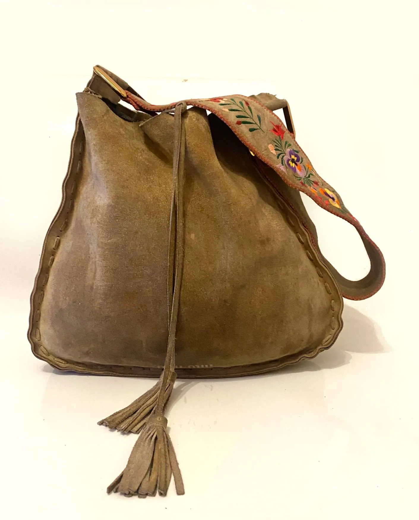1990s Miu Miu Brown Suede Flower Embroidered Shoulder Bag