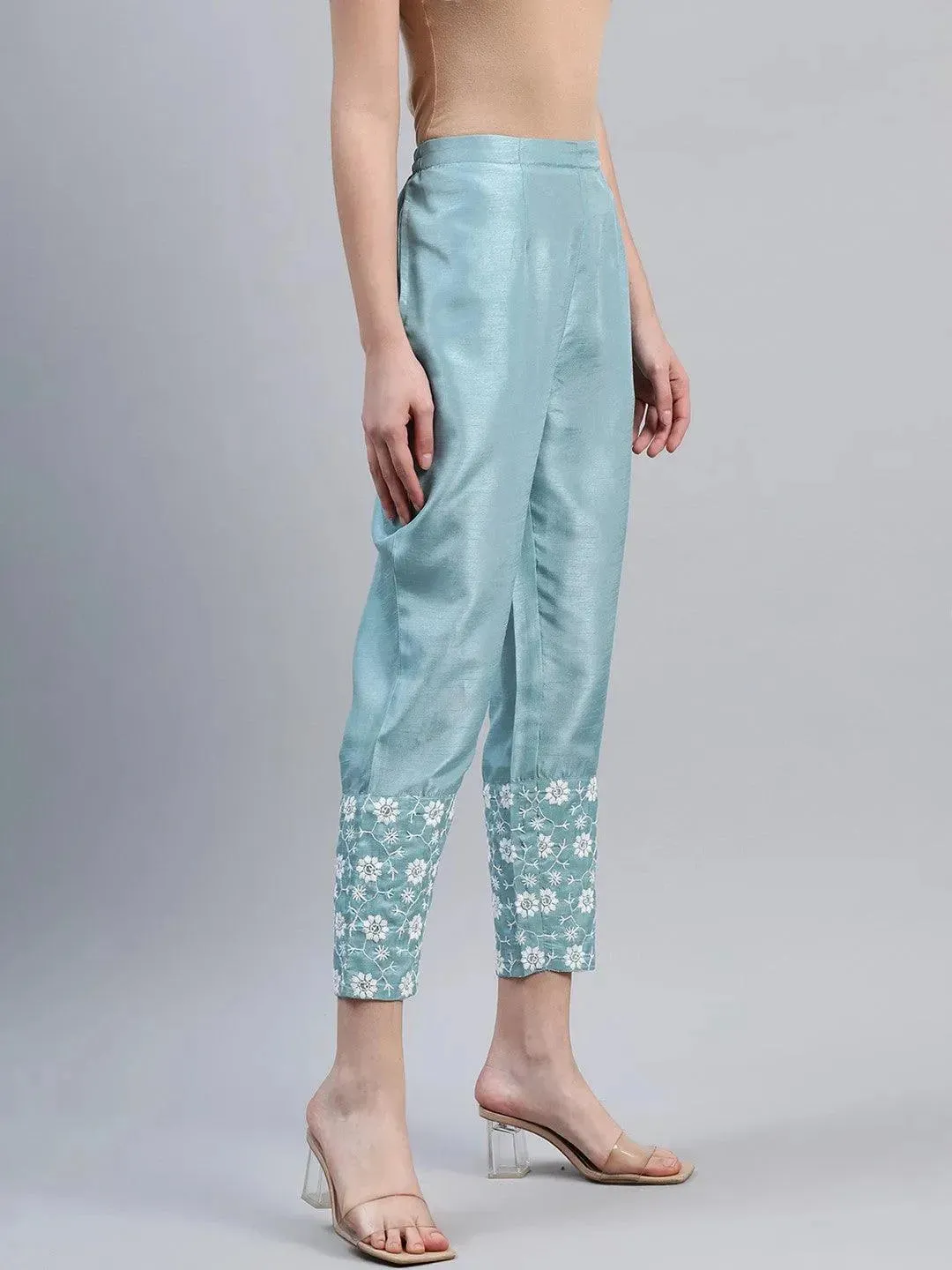 Blue Embroidered Silk Trousers