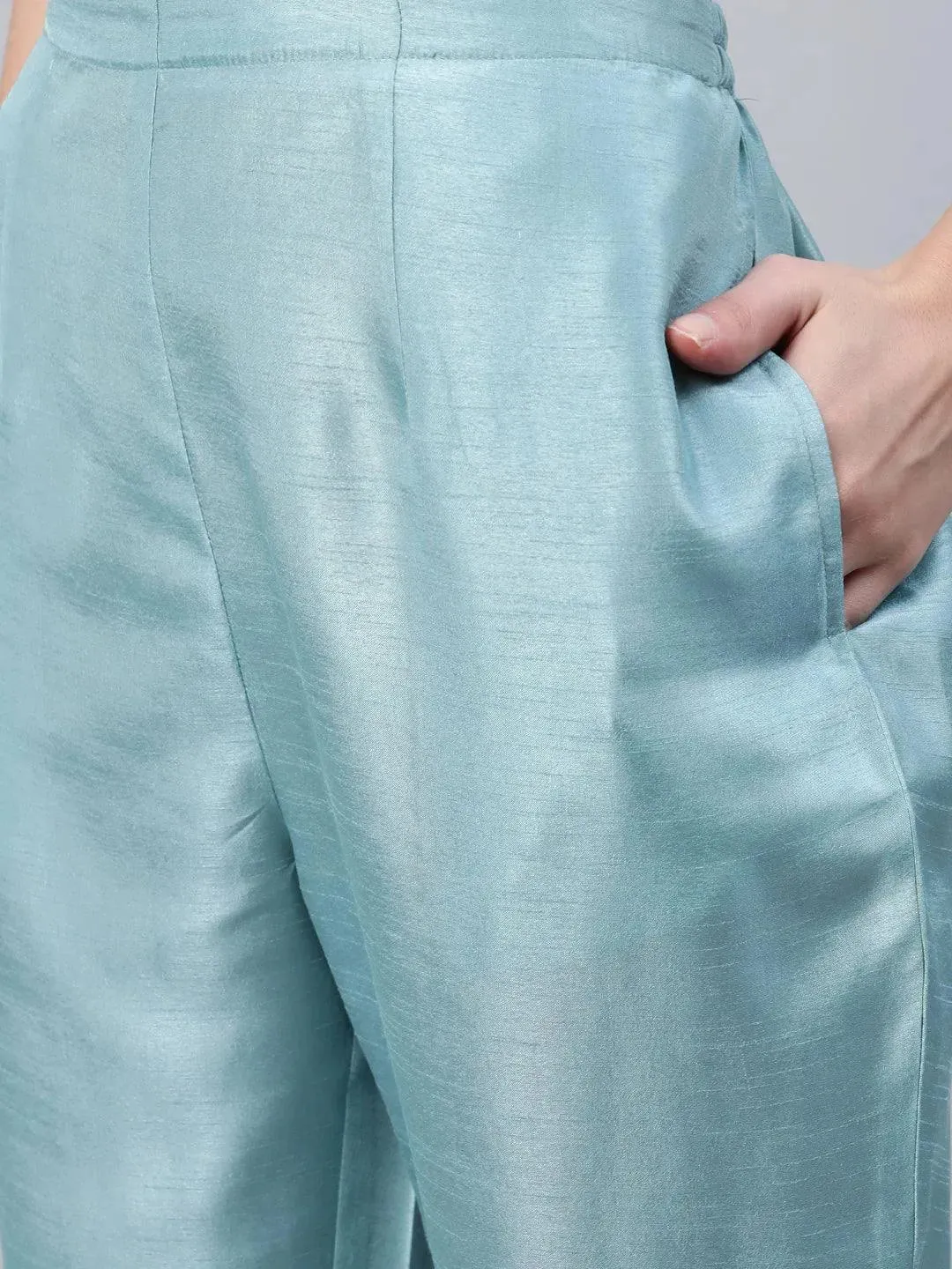 Blue Embroidered Silk Trousers