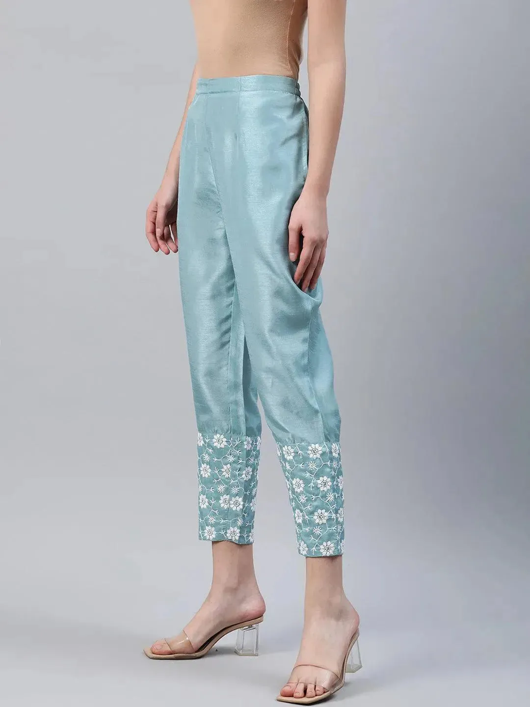 Blue Embroidered Silk Trousers