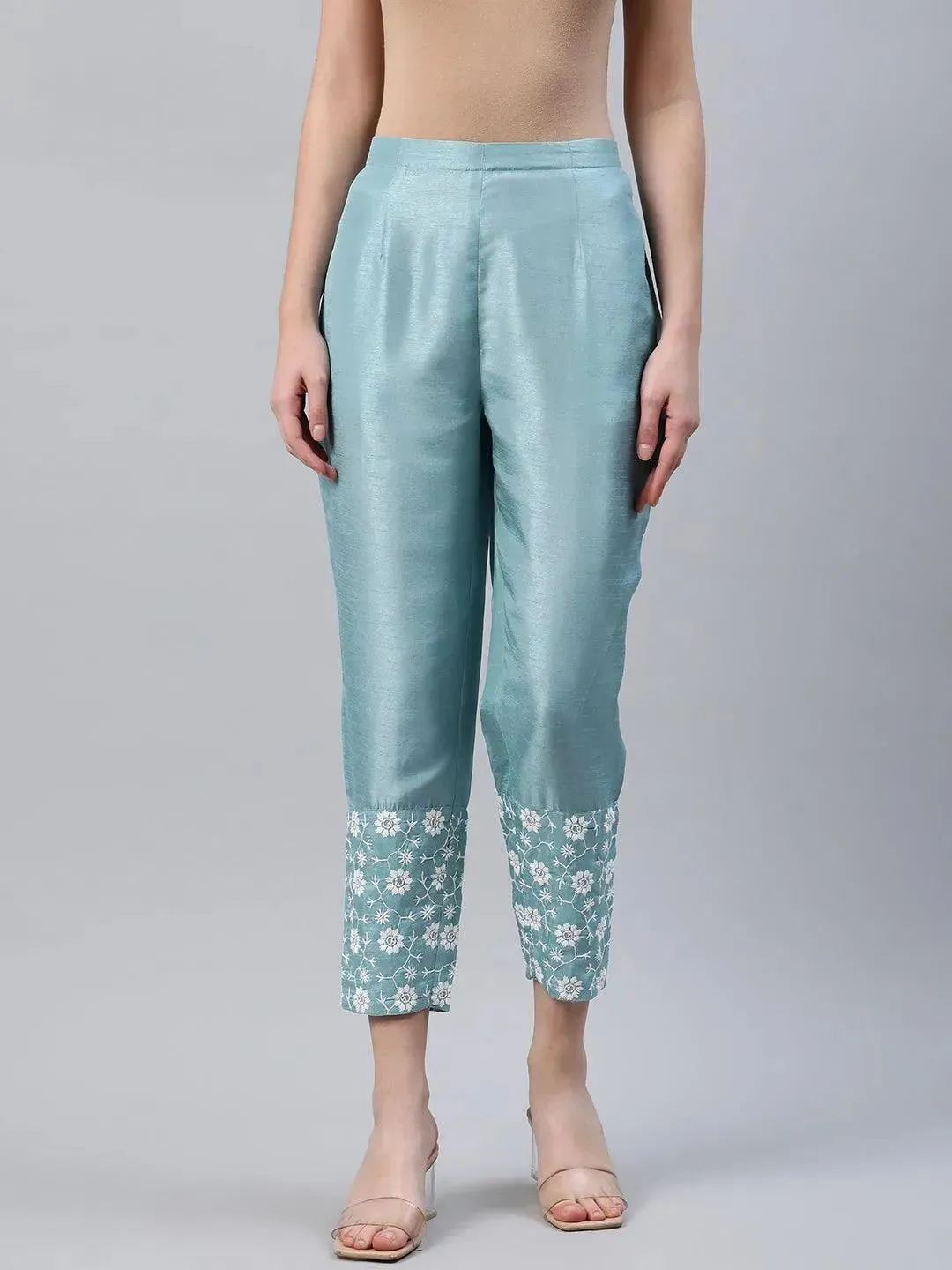 Blue Embroidered Silk Trousers