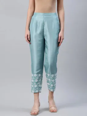 Blue Embroidered Silk Trousers
