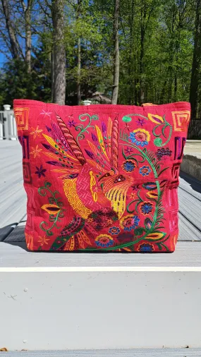 Embroidered Floral Hummingbird Large Suede Purse Tote Bag, Red Color