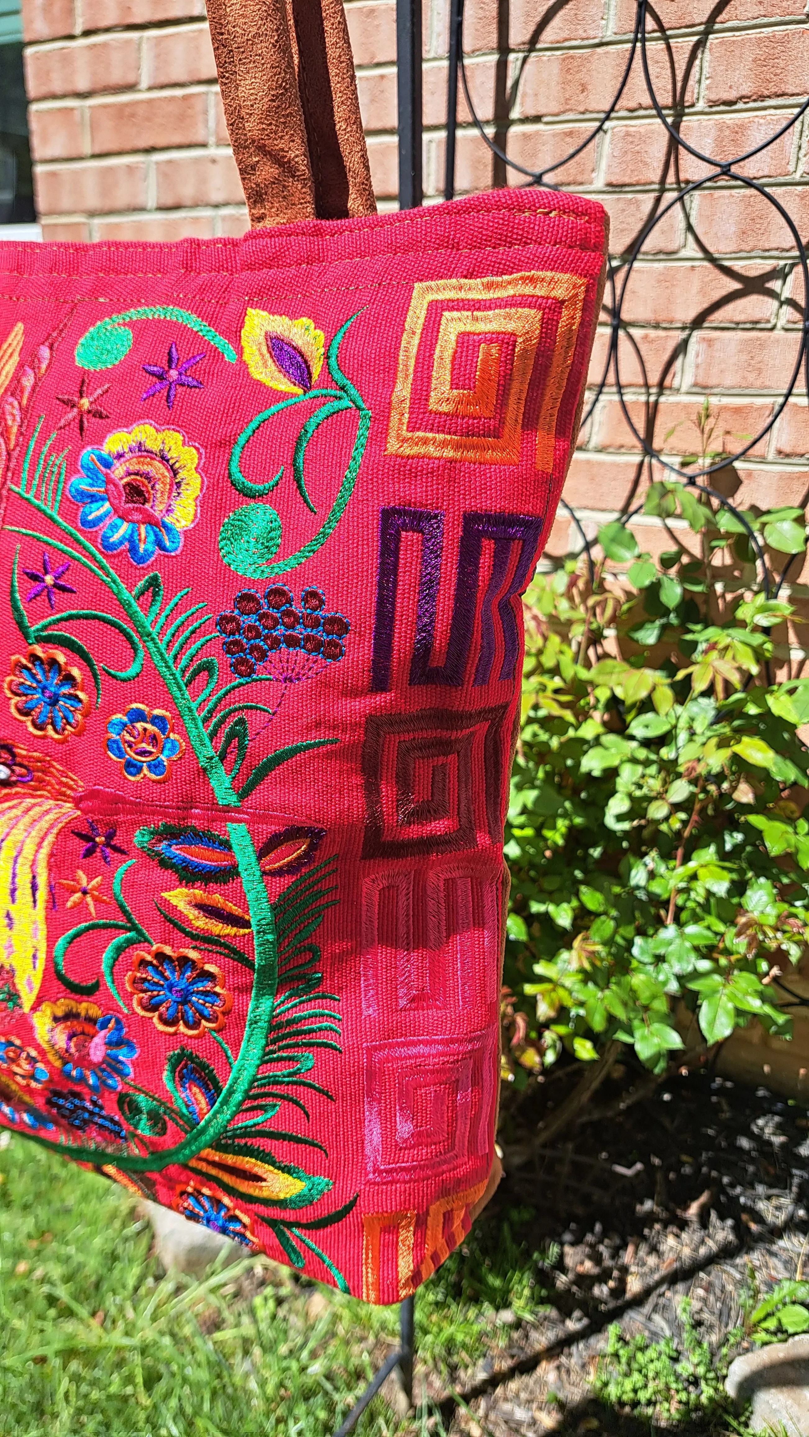 Embroidered Floral Hummingbird Large Suede Purse Tote Bag, Red Color