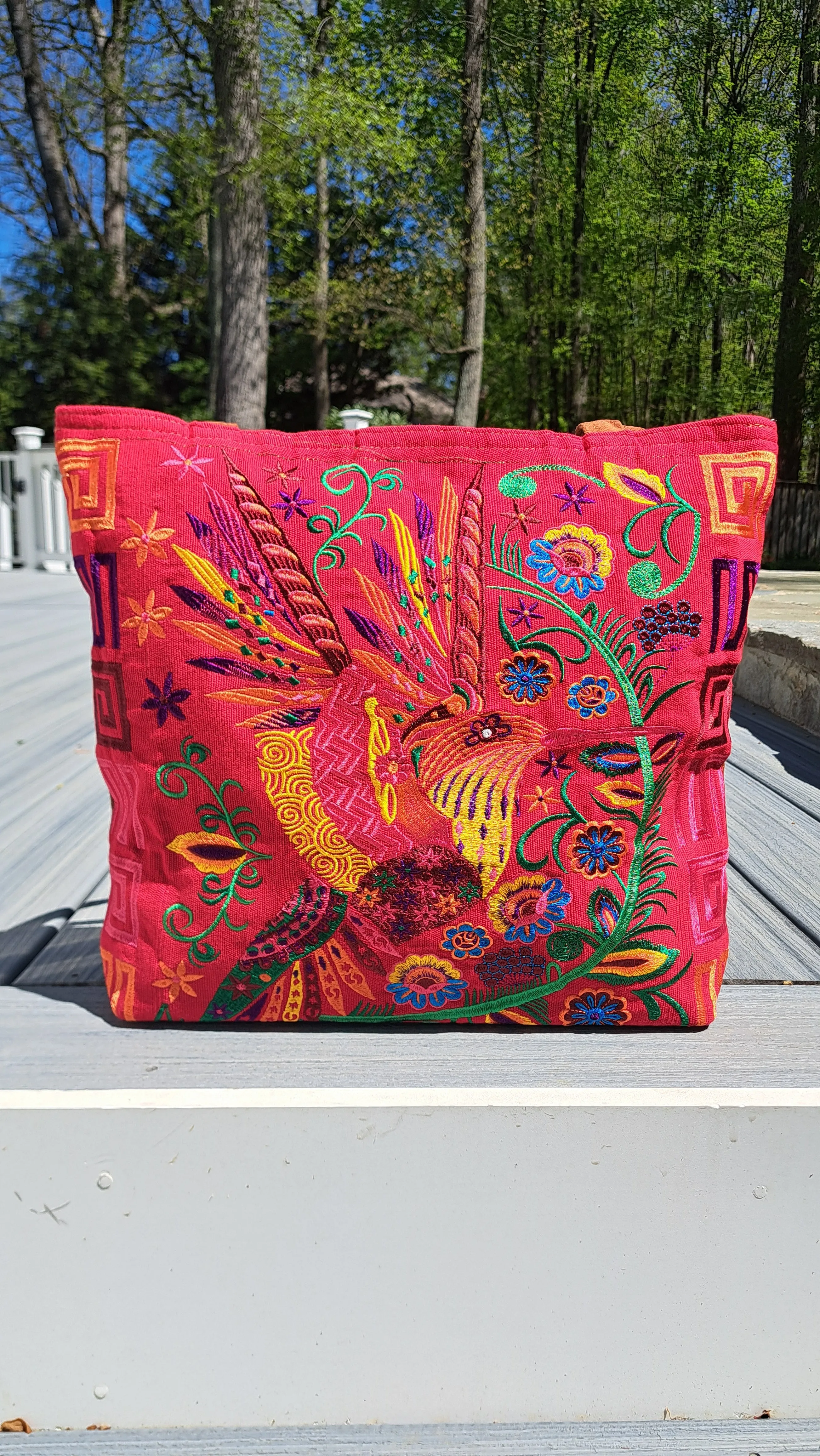 Embroidered Floral Hummingbird Large Suede Purse Tote Bag, Red Color