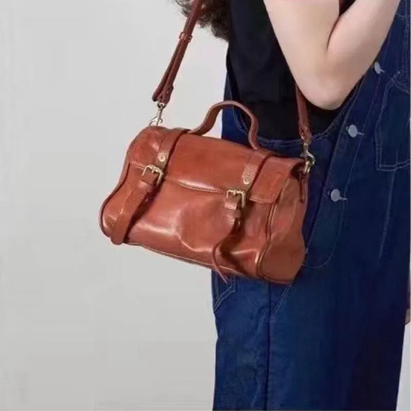 England College Style Vegetable Tanned Leather Messenger Bag Women's Commuter Crossbody Bag