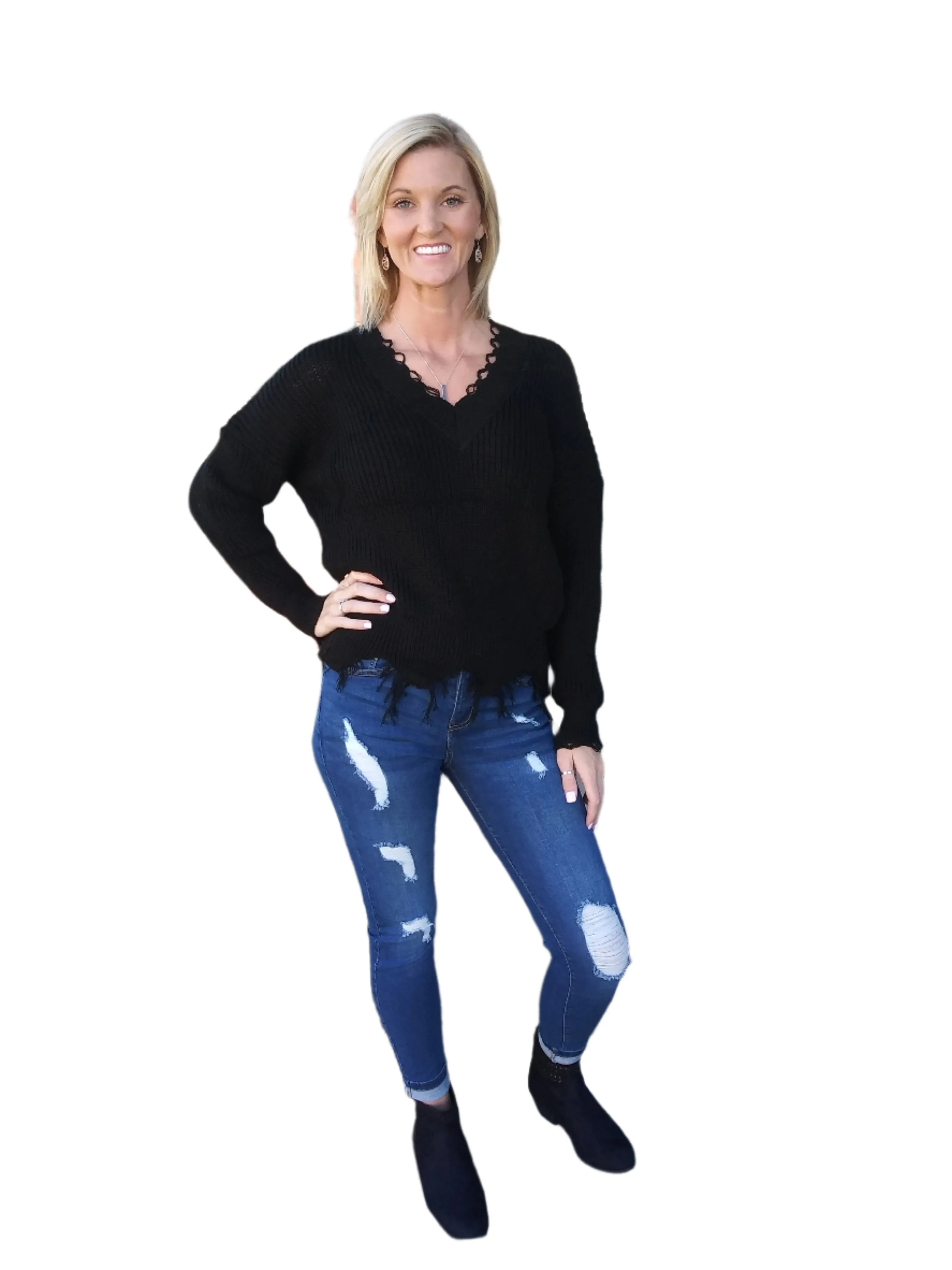 Frayed V Neck Sweater