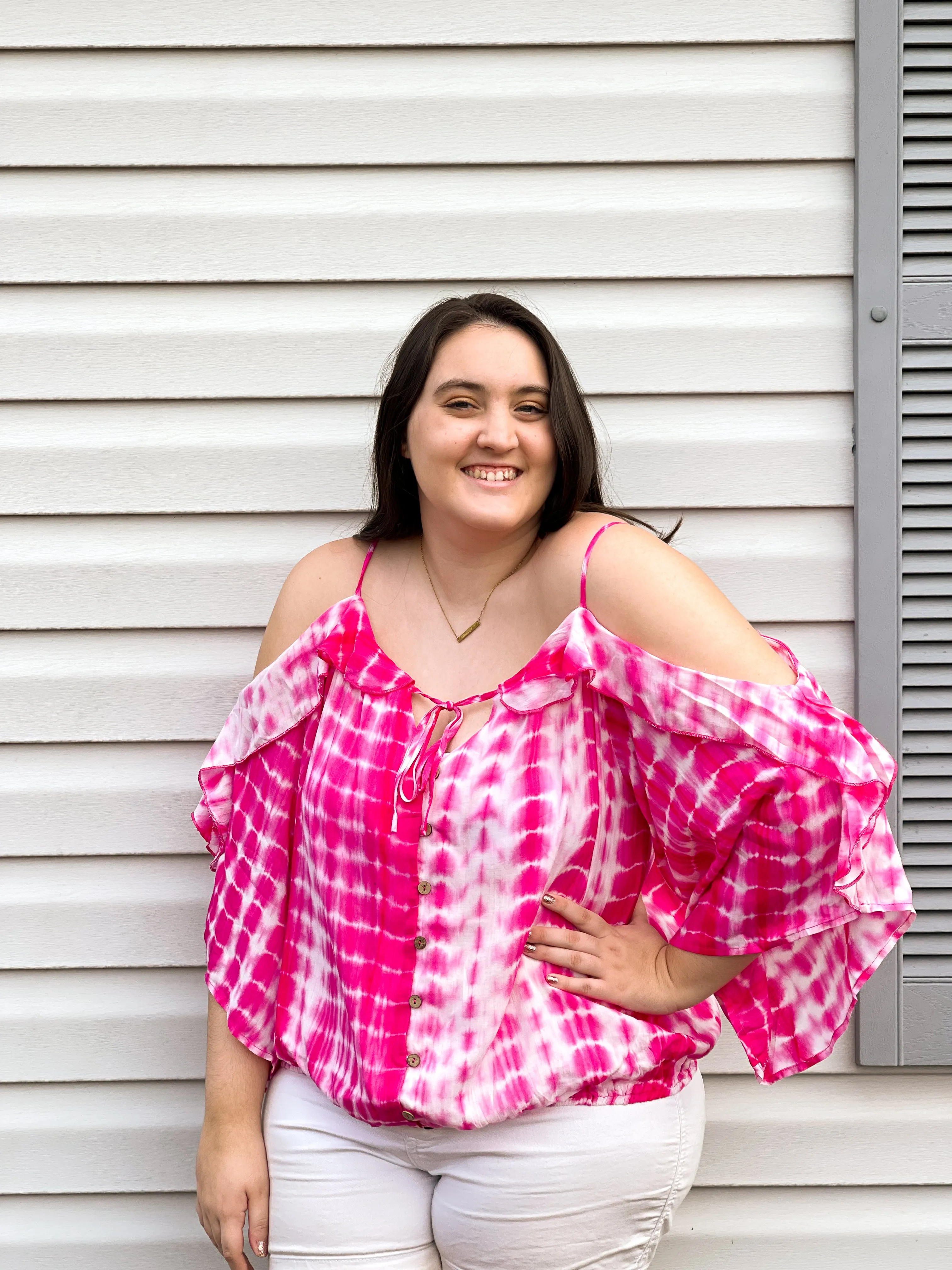 Hibiscus Cold Shoulder Tie Dye Top With Tie Details