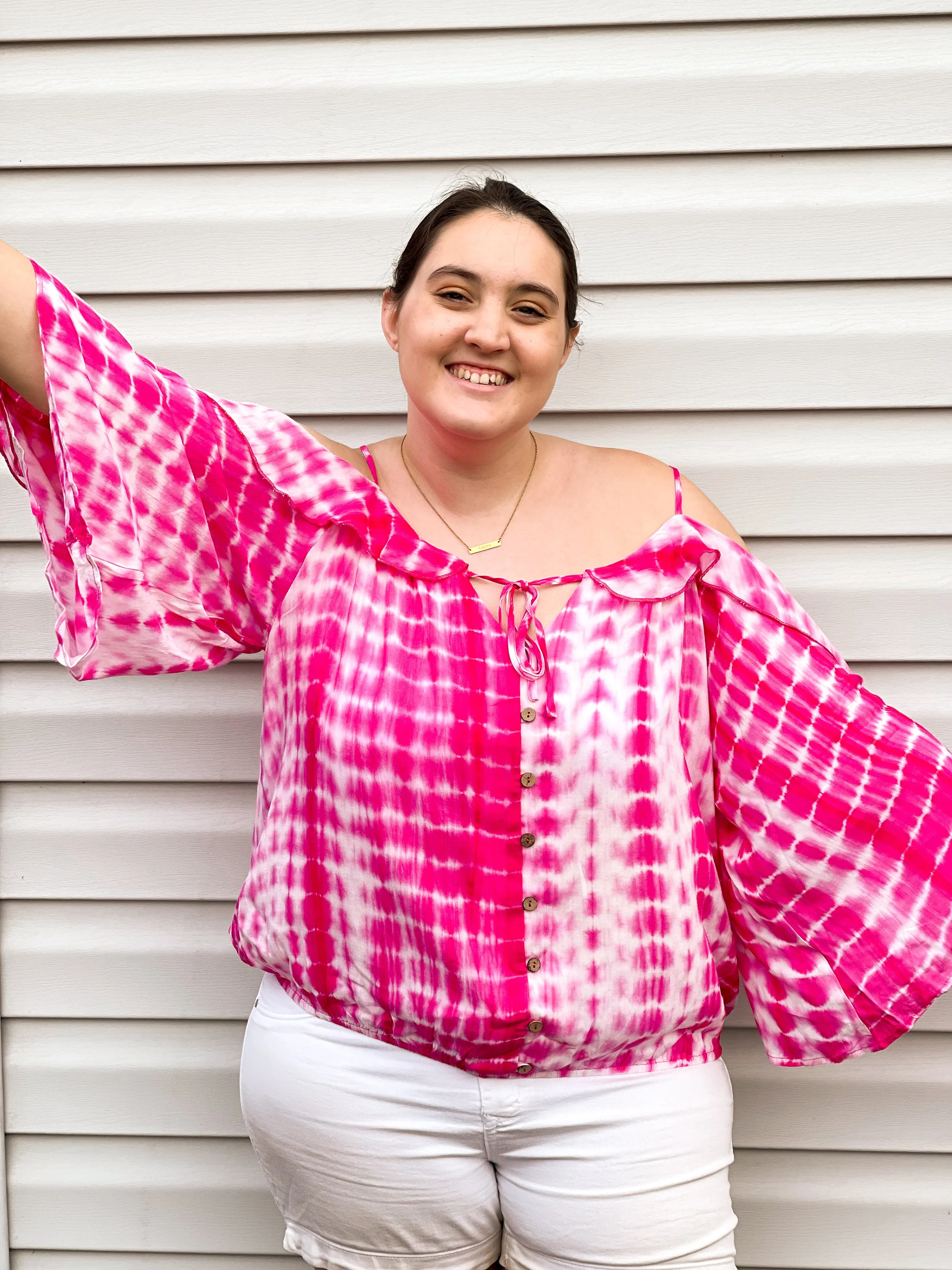 Hibiscus Cold Shoulder Tie Dye Top With Tie Details