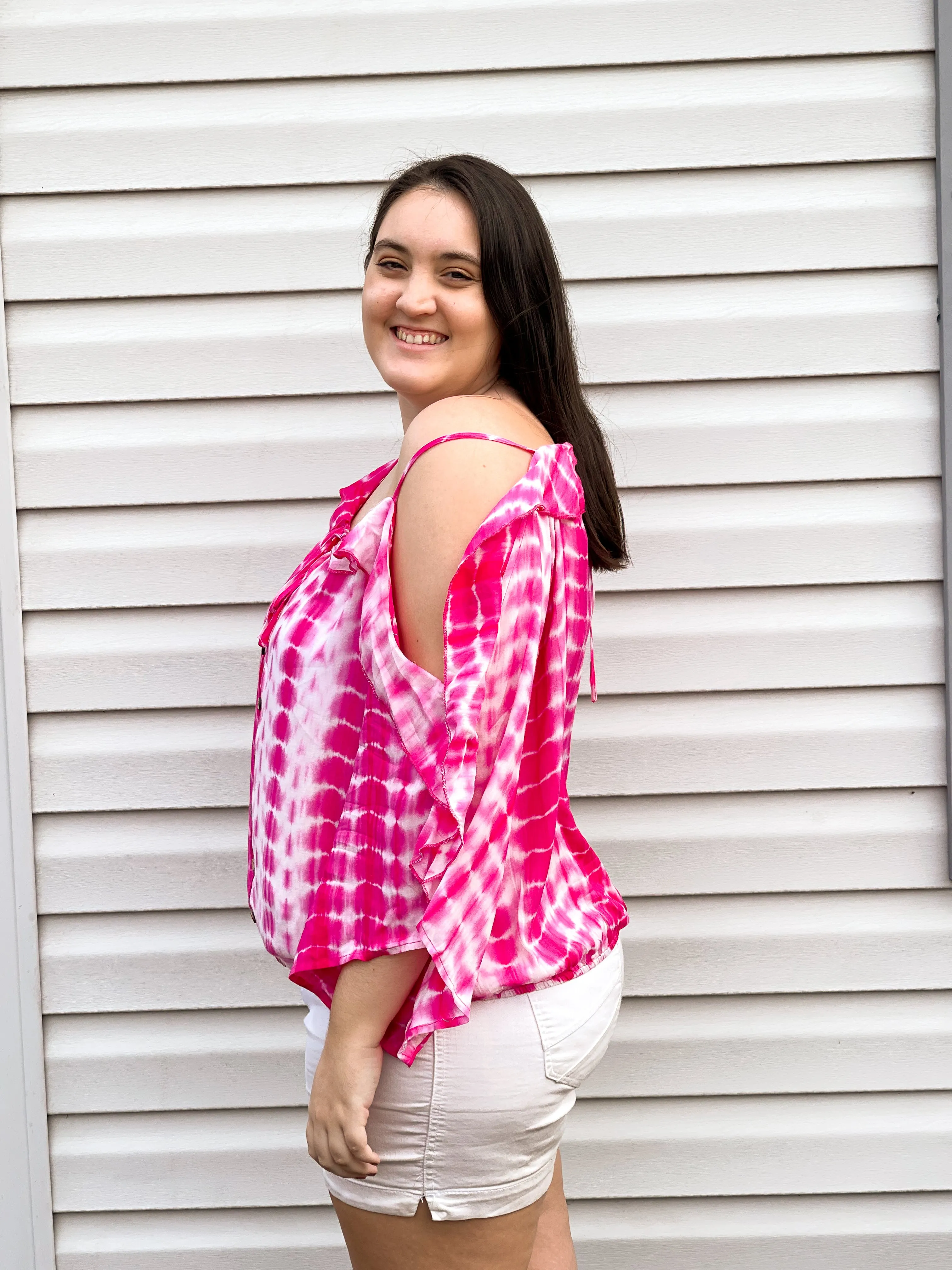 Hibiscus Cold Shoulder Tie Dye Top With Tie Details