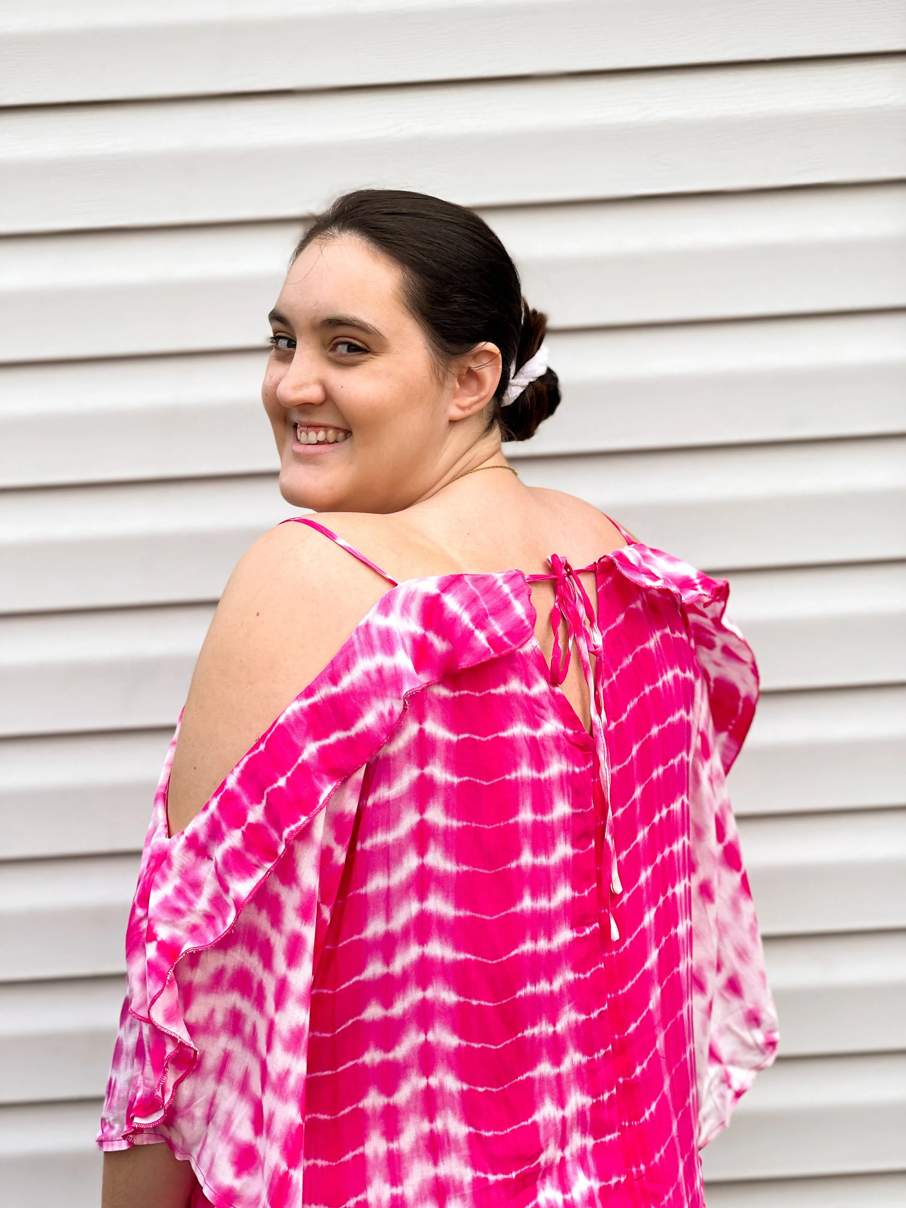 Hibiscus Cold Shoulder Tie Dye Top With Tie Details