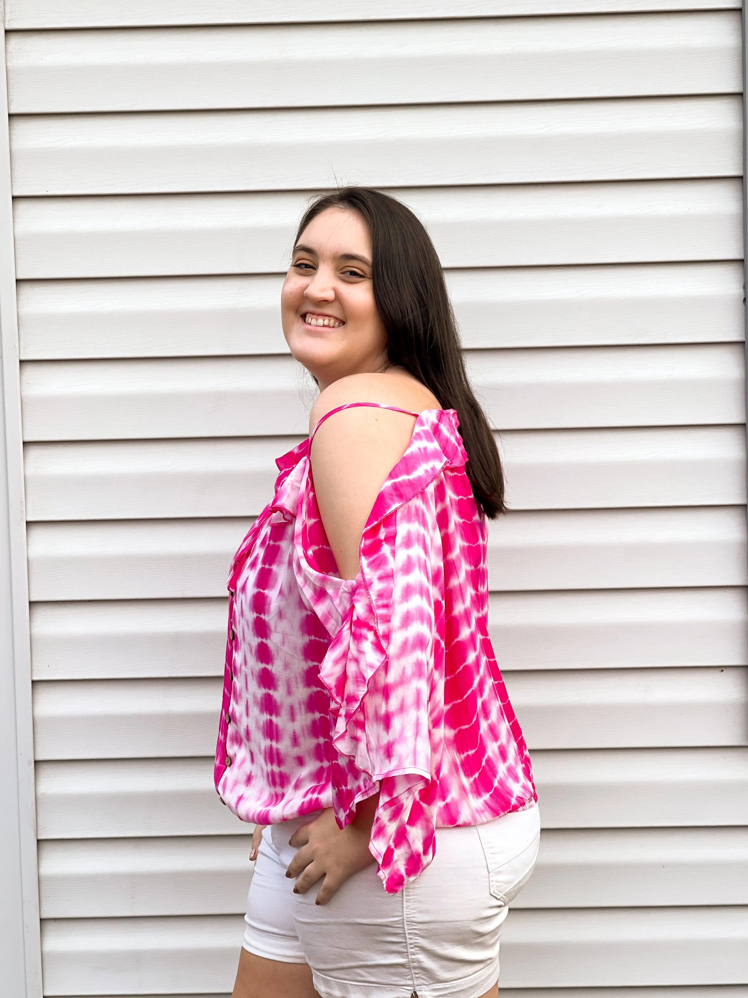 Hibiscus Cold Shoulder Tie Dye Top With Tie Details