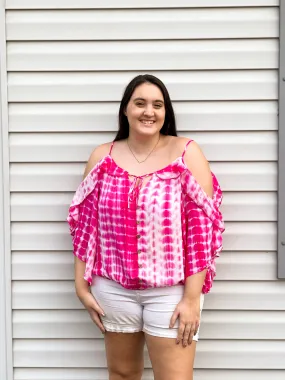 Hibiscus Cold Shoulder Tie Dye Top With Tie Details