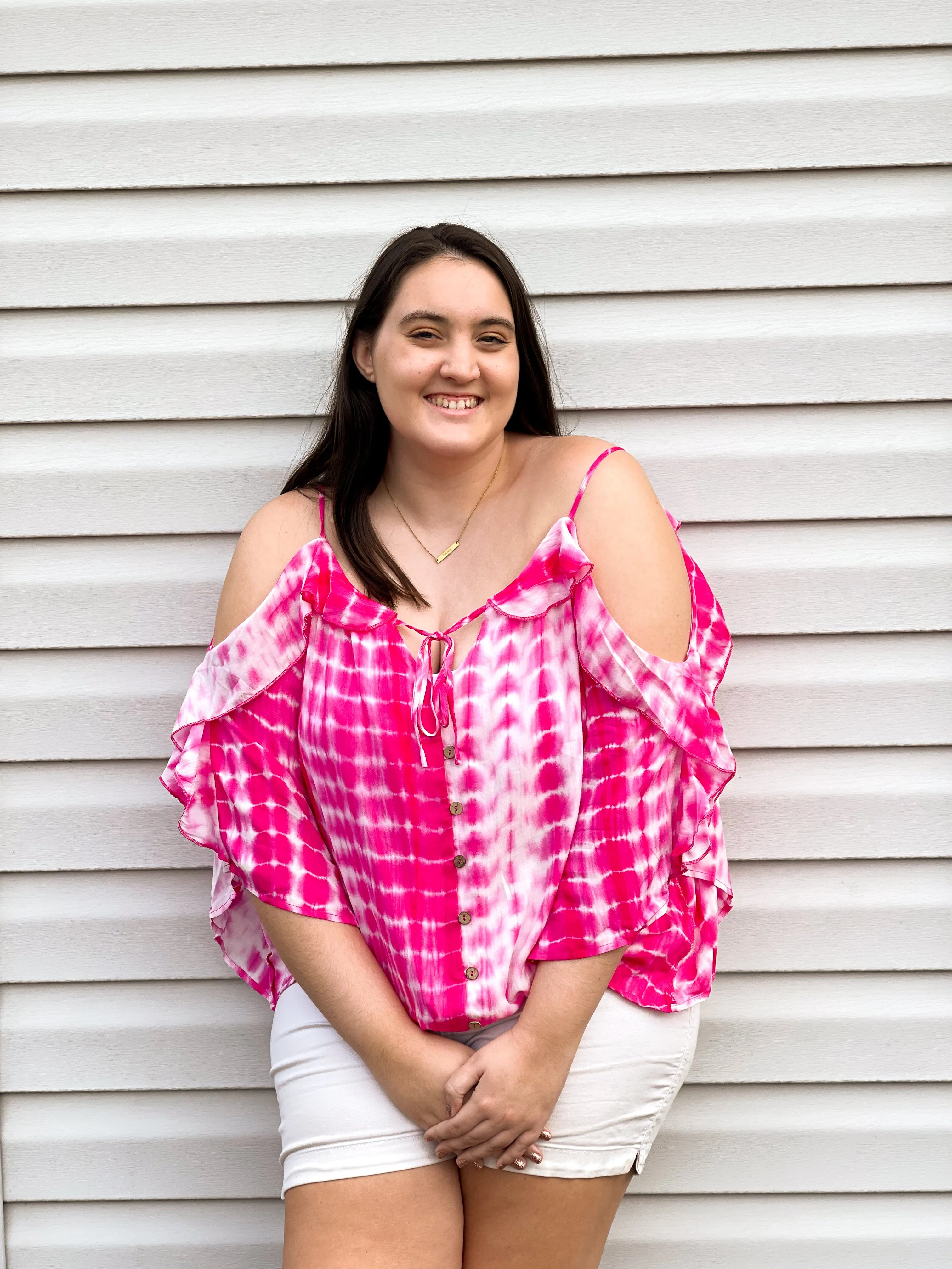 Hibiscus Cold Shoulder Tie Dye Top With Tie Details