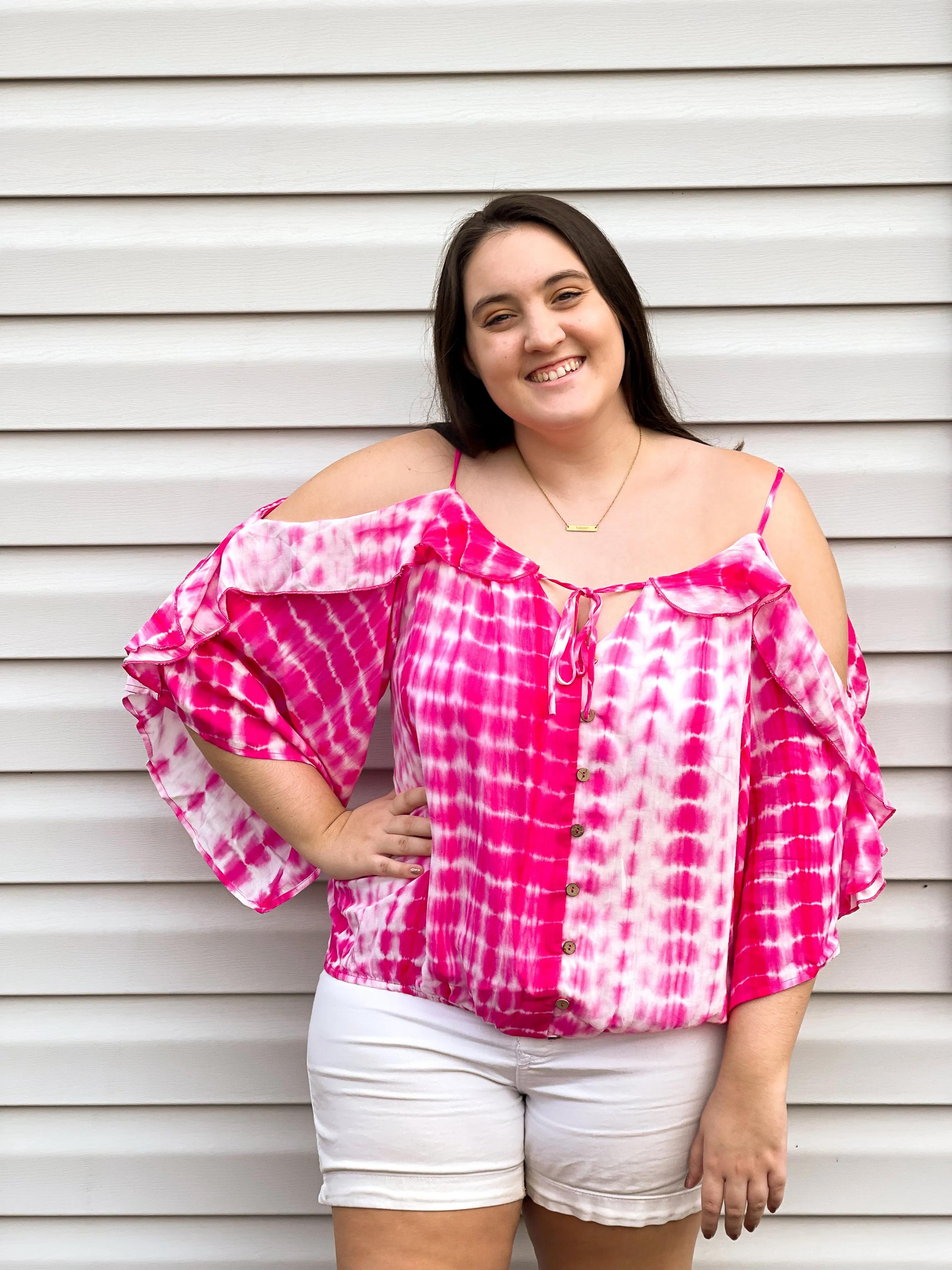 Hibiscus Cold Shoulder Tie Dye Top With Tie Details