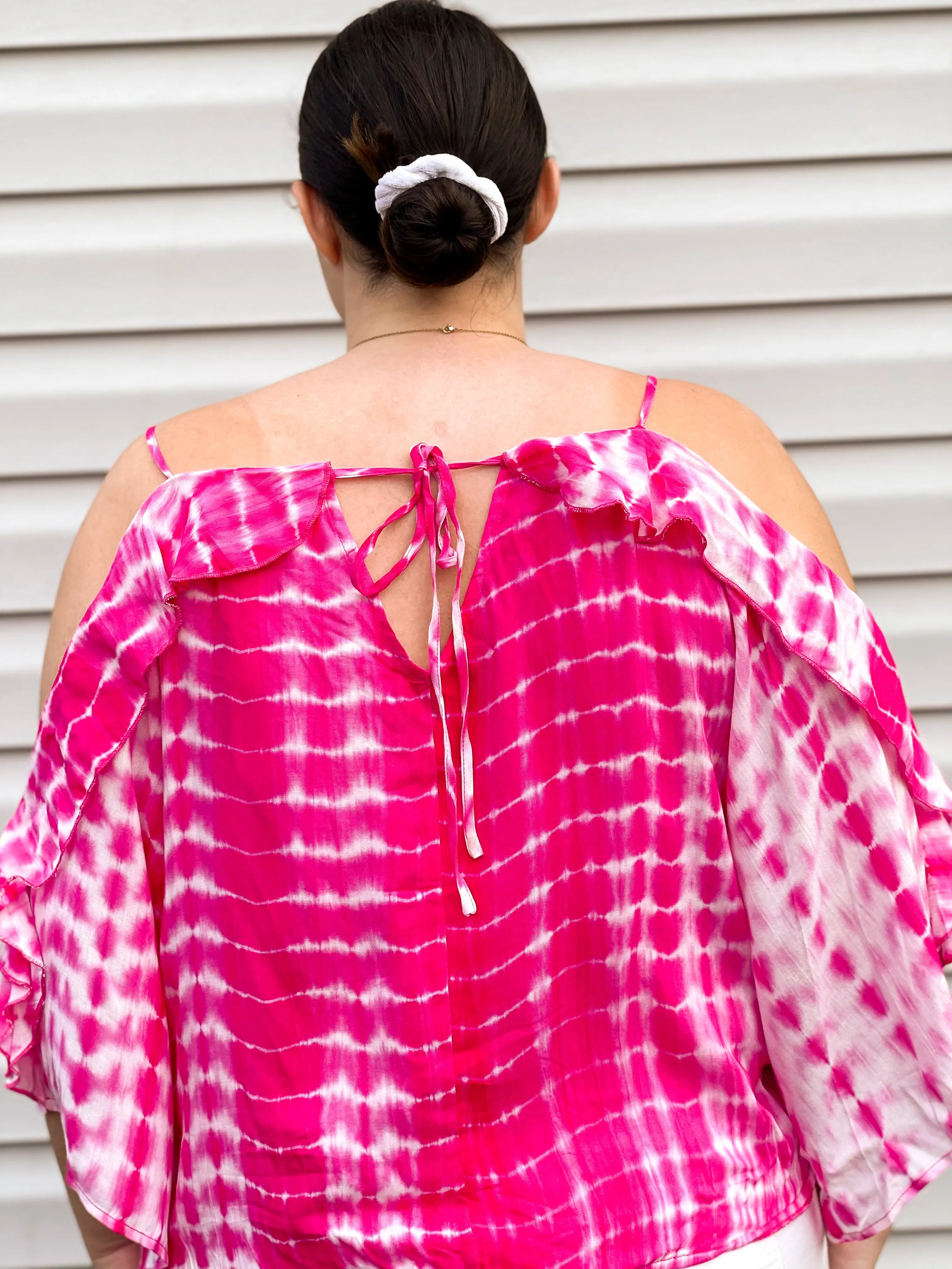 Hibiscus Cold Shoulder Tie Dye Top With Tie Details