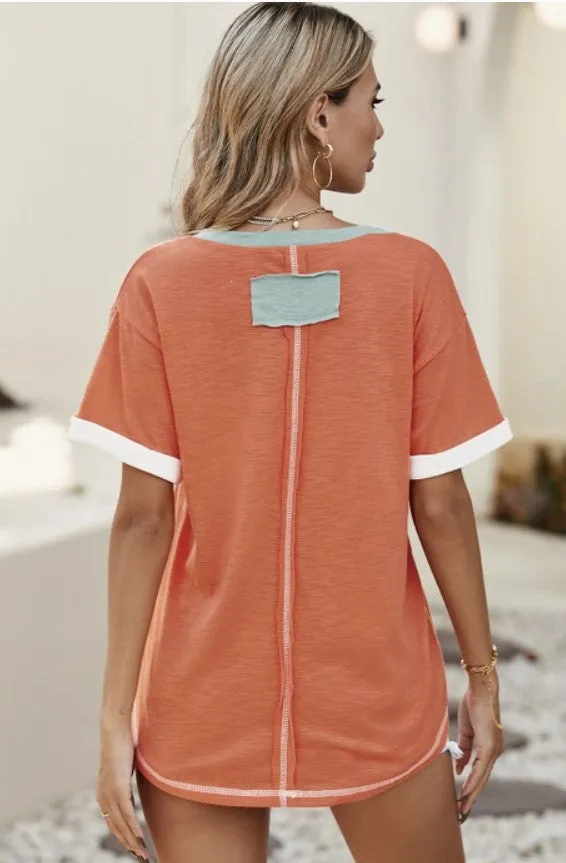 Orange Contrast V-Neck Top - #7313-7316
