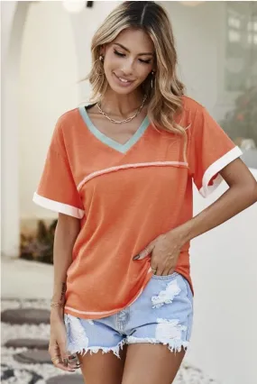 Orange Contrast V-Neck Top - #7313-7316