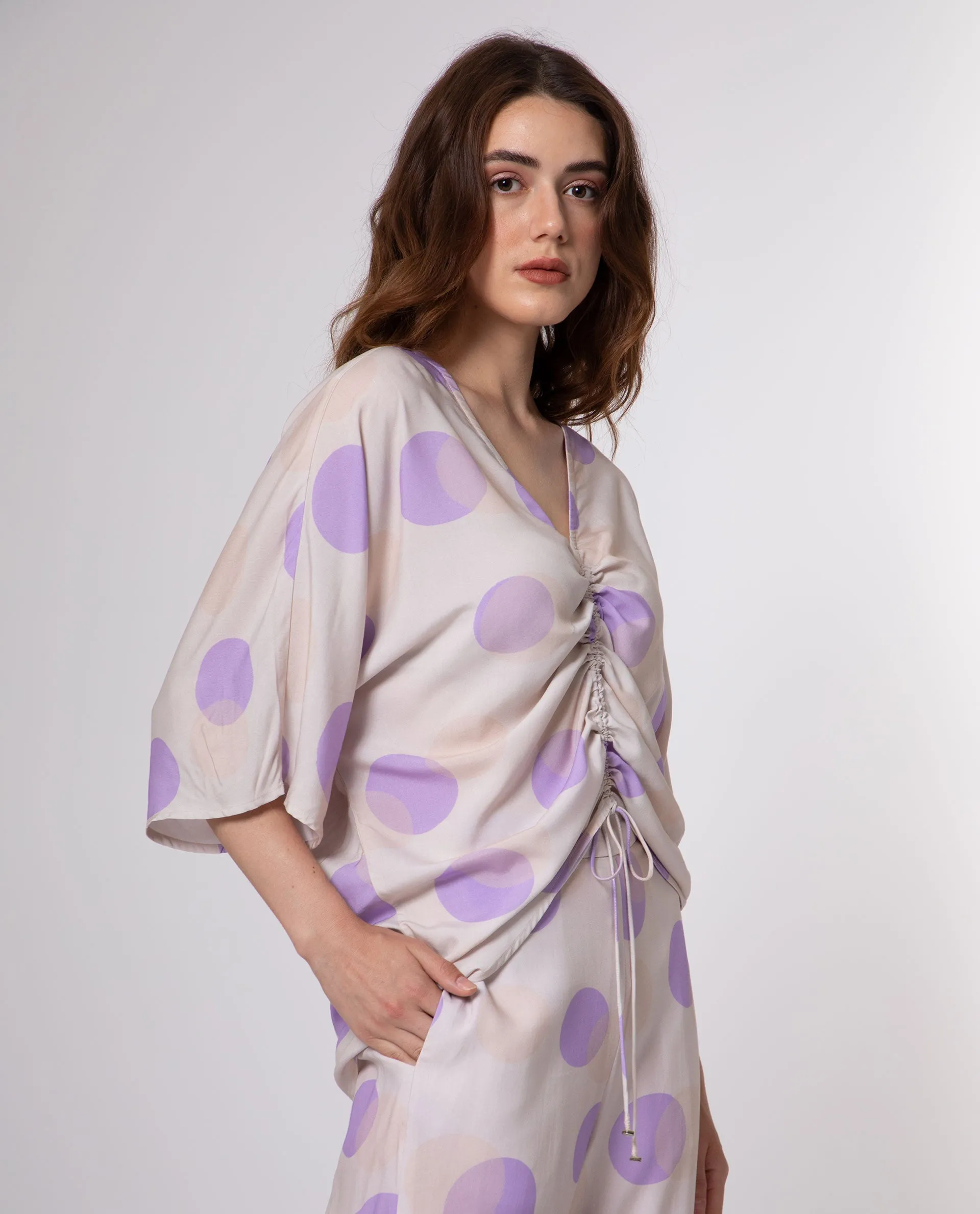 Rareism Women Bell Beige Viscose Fabric 3/4Th Sleeves Drawstring Closure V-Neck Bell Sleeve Boxy Fit Polka Top