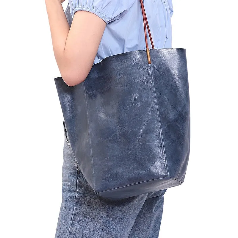 Vintage Vegetable Tanned Leather Large Capacity Ladies Tote Bag