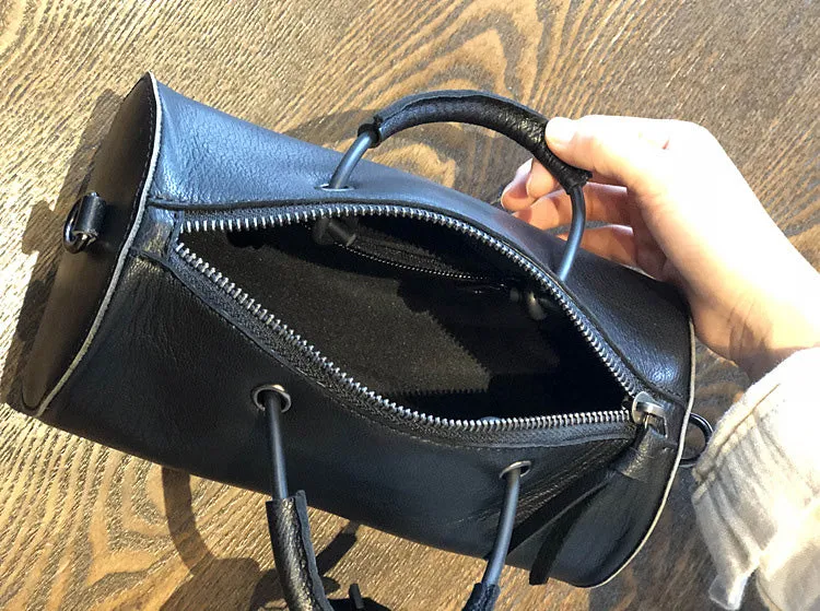 Womens Cylinder Bag Black Leather Crossbody Bag Shoulder Bag For Women