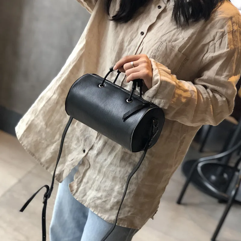 Womens Cylinder Bag Black Leather Crossbody Bag Shoulder Bag For Women
