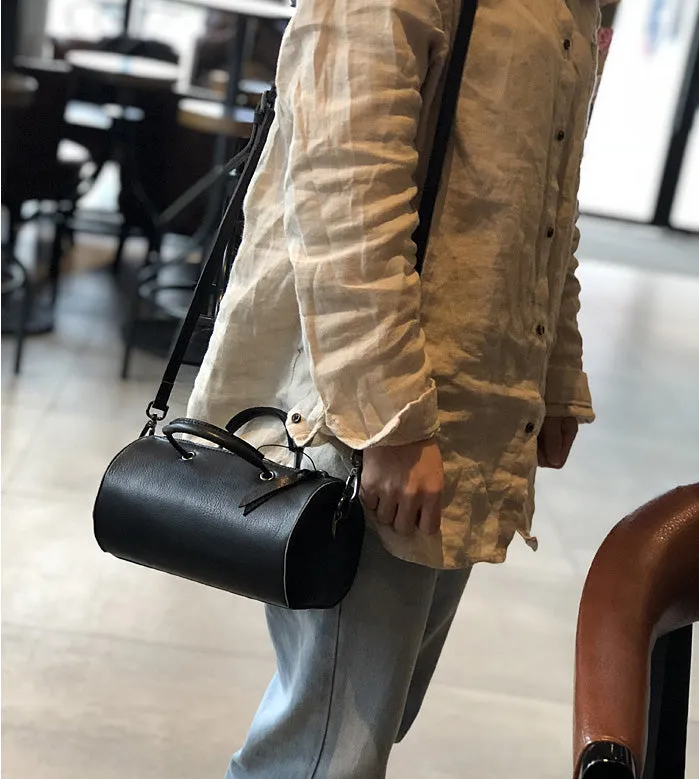 Womens Cylinder Bag Black Leather Crossbody Bag Shoulder Bag For Women