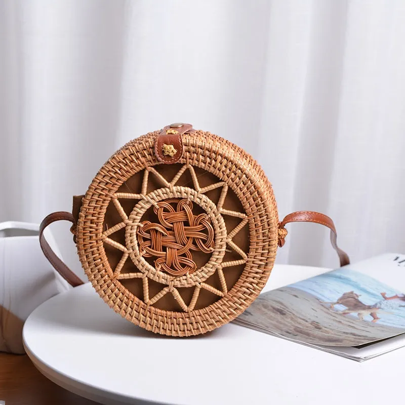 Womens Straw Woven with Leather Strap Round Rattan Bag