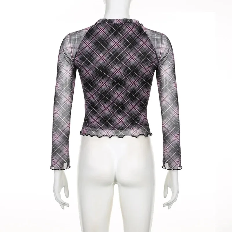 Y2K Aesthetic Frill Plaid Tshirt Mesh Top V Neck Chic Bow Ruffles Autumn Tee Shirts Female Clothing Vintage Fashion
