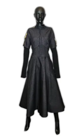 Zip Front Denim Dress with Full Skirt Bottom